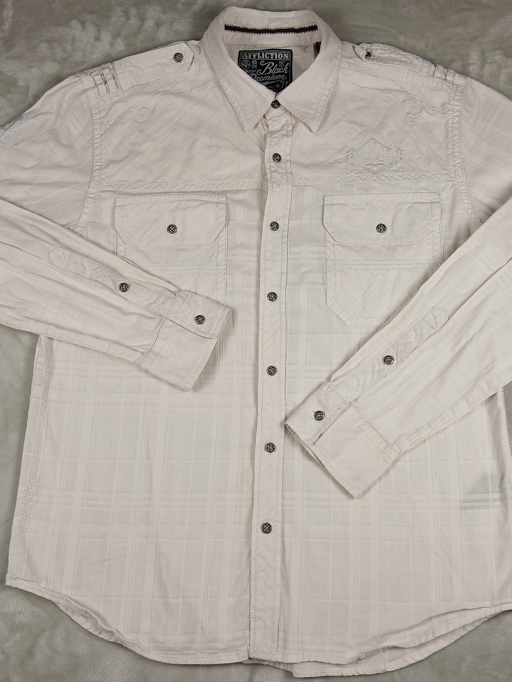 Affliction Button Up Shirt XL Men's Long Sleeve Embroidered White Y2K